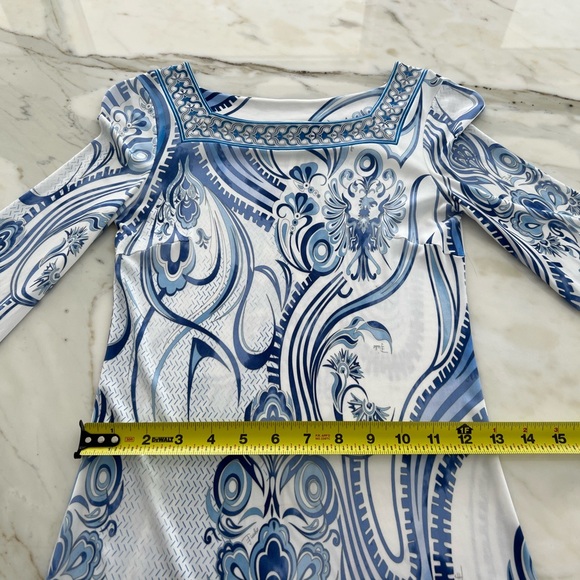 EMILIO PUCCI BLUE WHITE BELL SLEEVE SQUARE NECK DRESS SIZE IT 40 / US 6 - Picture 10 of 16